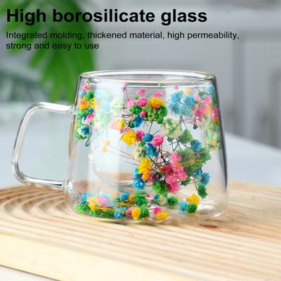 200ML Double Walled Glass Cups with Real Dried Flowers Heat Resistant Clear Coffee Mugs Floral Design Tea Cups for Elegant Sipping