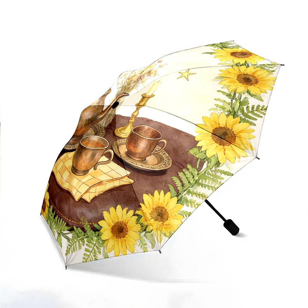 Modern Round Sunflower Teapot Wreath Yellow Decorative Pattern Umbrella