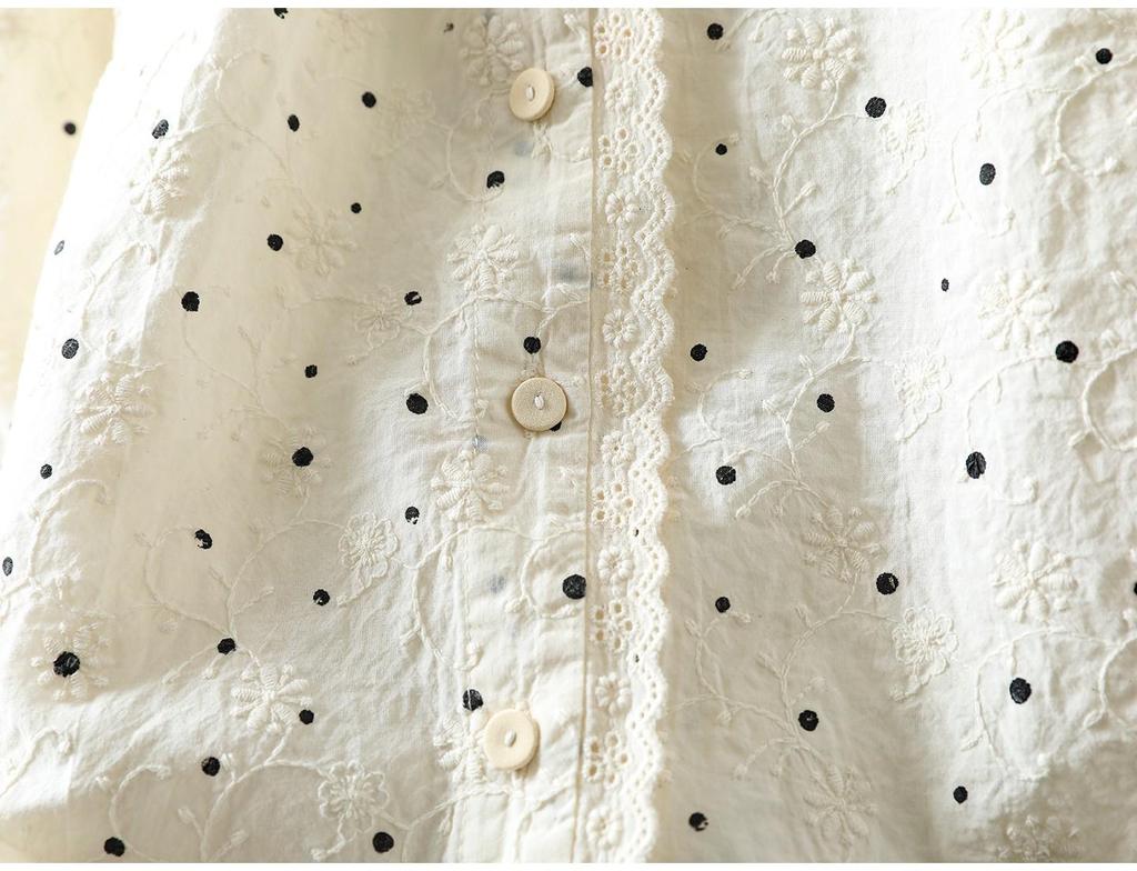 Women's Spring 2026 Polka Dot Lace Collar Cotton Shirt with Embroidered Jacquard Design