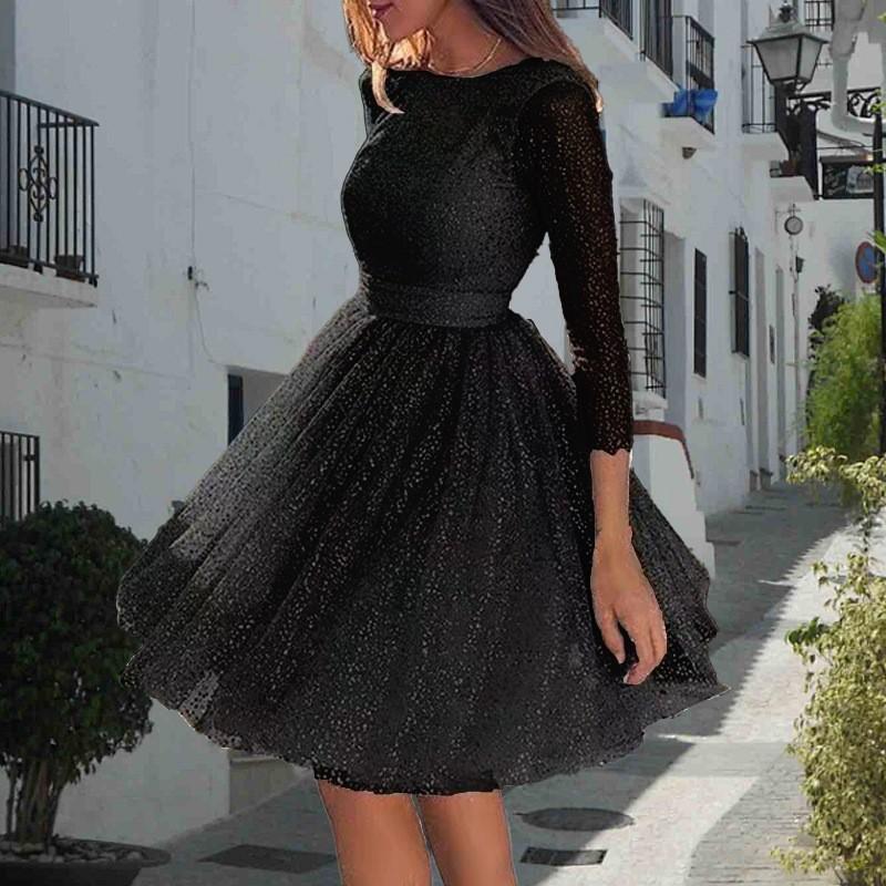 2025 Summer Women's Glitter Sequin Cocktail Dress, Lace High Waist Short Party Dress With Long Sleeves, Sparkling Evening Gown For Formal Events