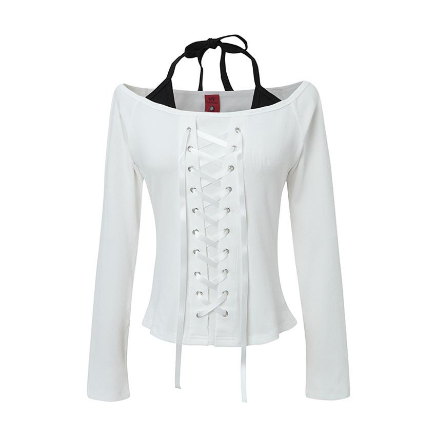 American Style Faux Two-Piece Off-Shoulder Long-Sleeve Slim-Fit T-Shirt for Women - Sweet, Cool, Versatile Design Large белый