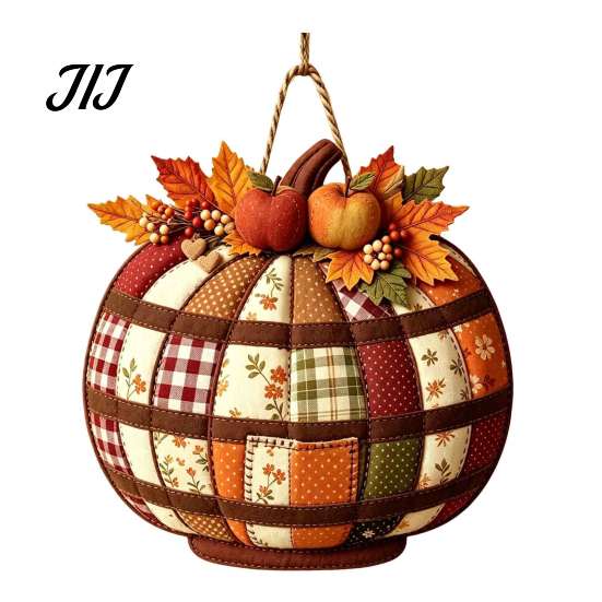 Seasonal Indoor Outdoor Sign Patchwork Pumpkin Wooden Door Hanger, Fall Harvest Halloween Decorative Maple Leaf Wreath with Leaves Berries, Farmhouse