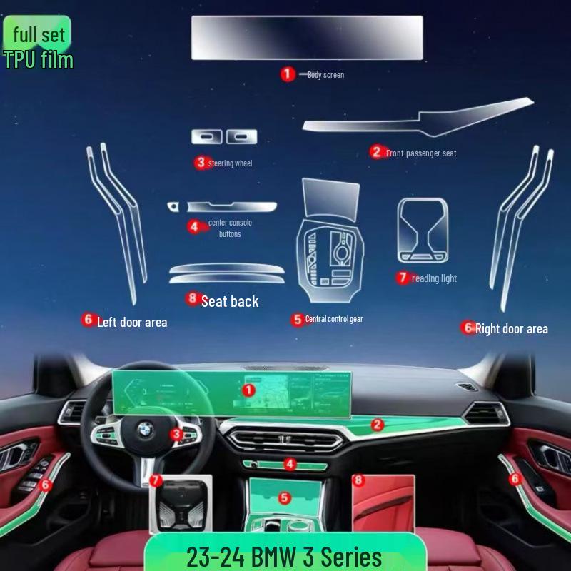 BMW 3 Series (23-25) Interior Film Kit: I3 Console Sticker & 325li Screen TPU Protector.