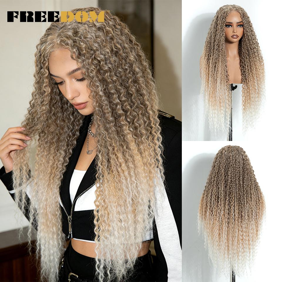 

FREEDOM Synthetic Lace Front Wigs For Women 6x4 Pre-cut 32 Inch Long Curly Lace Wig Pre-plucked Ombre Brown Blonde Glueless Wigs (as the picture,32inches)