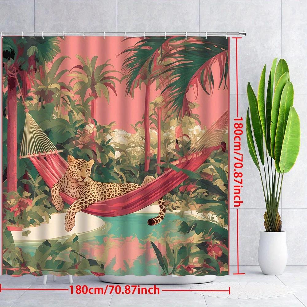 1pc Tropical Jungle Shower Curtain with Golden Leopard In Red Hammock - Vibrant Polyester Fabric 70x70 Inches, Includes 12 Hooks