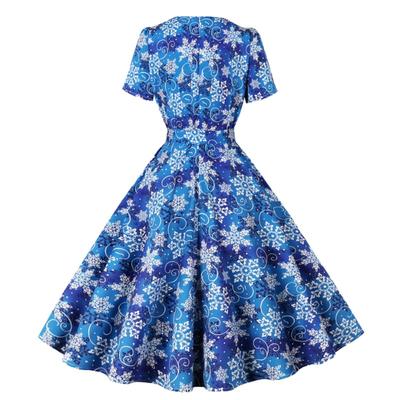Women's Summer Temperament Square Neck Short-sleeved Snowflake Print Retro Pendulum Dress