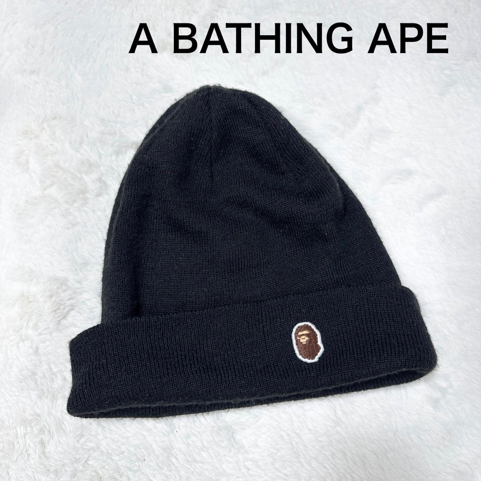 Used A BATHING APE Ape Head One Point Beanie Knit Hat Black