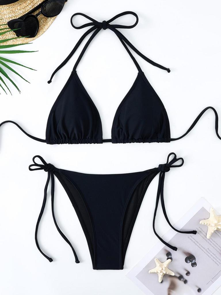 Women's Solid Color Triangle Bikini - Lace-up, High Elasticity, Quick-dry, Breathable, Removable Padding, Sexy Swimwear