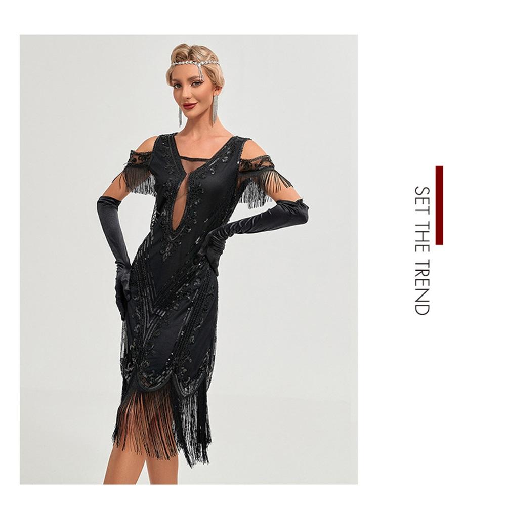 1920S Retro Dance Party Embroidered Tassel Dress Cocktail Party Plus Size Sequins Mesh Dress