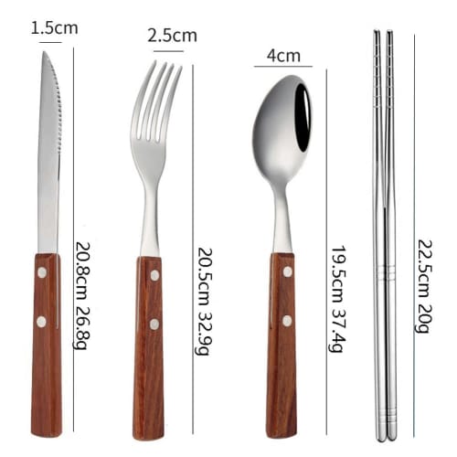 KXLCGYK 5-Piece Cutlery Set, 18-8 Stainless Steel with Wooden Handle, Spoon, Hollow Chopsticks, Fork, Knife, and Storage Bag, Portable for Camping, BB