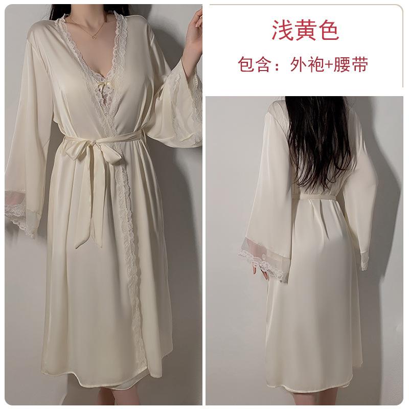 Underwear Pure Desire Silky Satin Lace Hot Deep V Plus Chest Pad Nightdress Robe Women's Suit