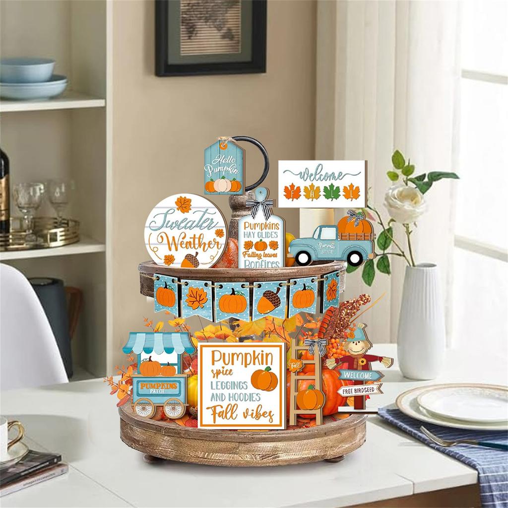 Autumn Harvest Farmhouse Decor Bundle with Pumpkin Patch Scarecrow Truck Signs and Table Centerpieces for Fall Tiered Tray