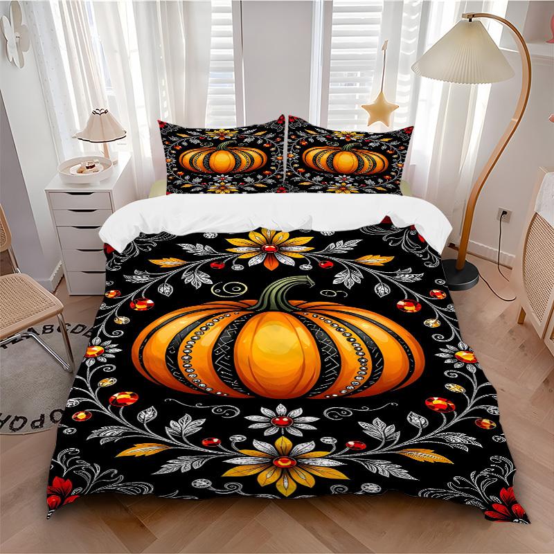 

3pc Pumpkin Floral Cover Set - 1 Quilt Cover + 2 Pillowcases, All Seasons Bedroom Setting, Perfect for Home033 135x200cm