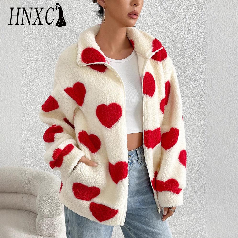 HNXC Women's Autumn and Winter Loose Long-sleeved Zipper Cardigan with Plush Heart Print