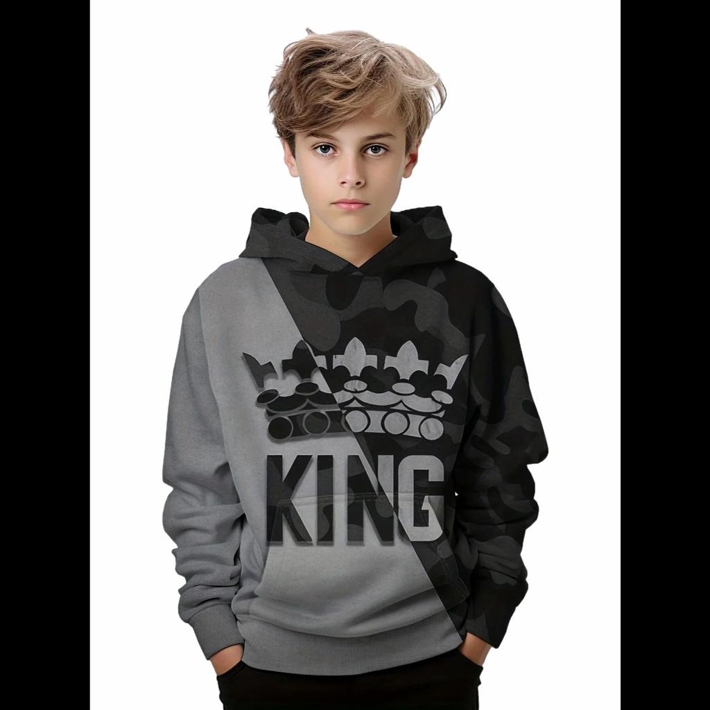 Hoodies Boy Casual Pullover Kids Hooded Long Sleeve King Print Sweatshirt Boys Spring Fall Kids Hoodie