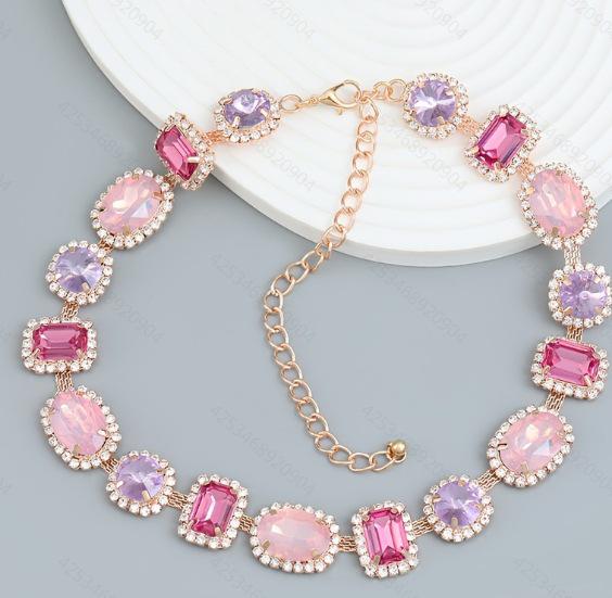Retro Ingelegde Gekleurde Diamant Sleutelbeen Ketting - Damesmode, Uniek Ontwerp