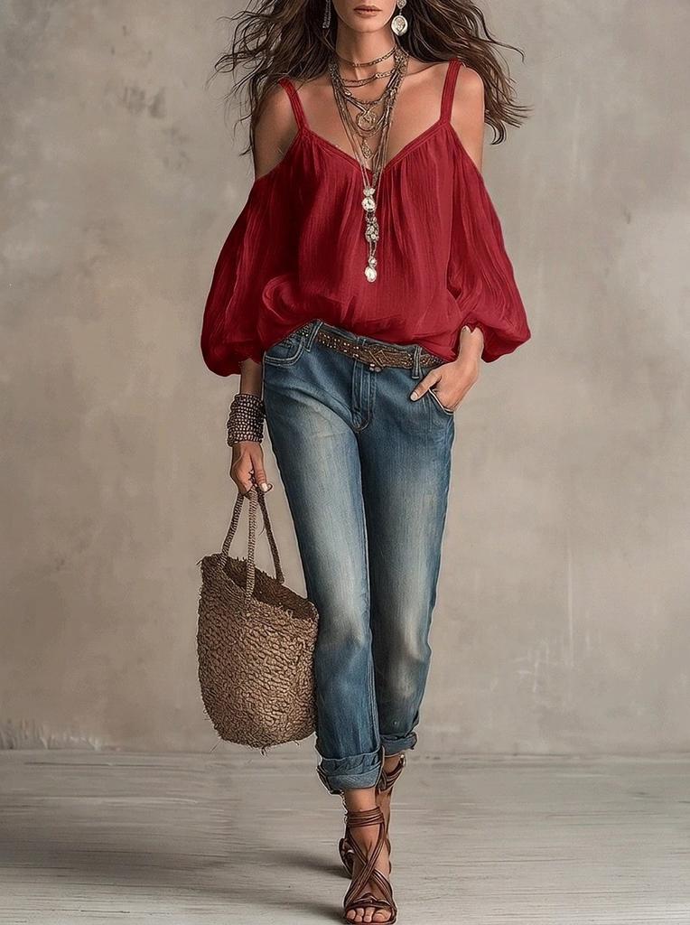 European and American New Solid Color Loose Tops for Women's Leisure Off-the-shoulder Suspenders Bubble Sleeves Holiday Style