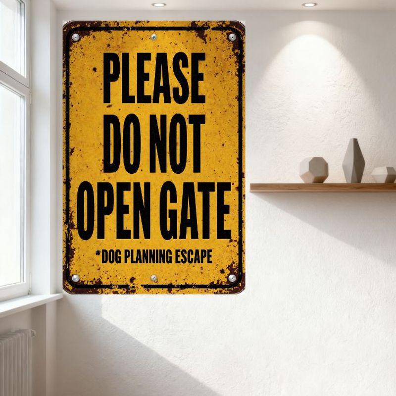 Vintage Rusty Metal Sign 'PLEASE DO NOT OPEN GATE' Dog Planning Escape Warning Sign with Black Border, Aged Metal Rivets for Hom