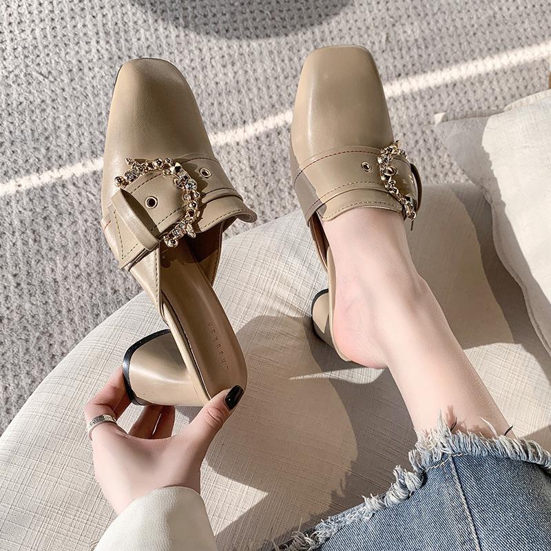 2025 spring and autumn new high-heeled bag head slippers women's square head lazy half tray fashion belt buckle outer wear one-word drag