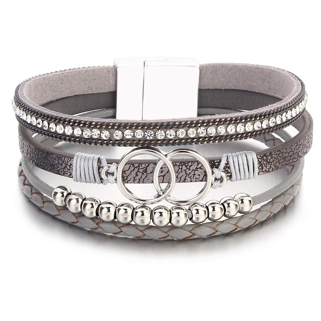 Damen Handgefertigtes Geflochtenes Lederarmband mit Doppelring Magnetverschluss und Strasssteinen