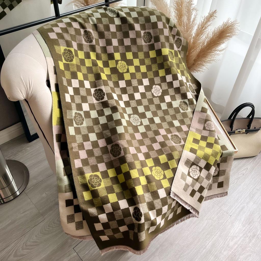 Korean Version Plaid Camellia Fashion Decoration Medium And Long Imitation Cashmere Women'S Thermal Scarf Air Conditioner Shawl