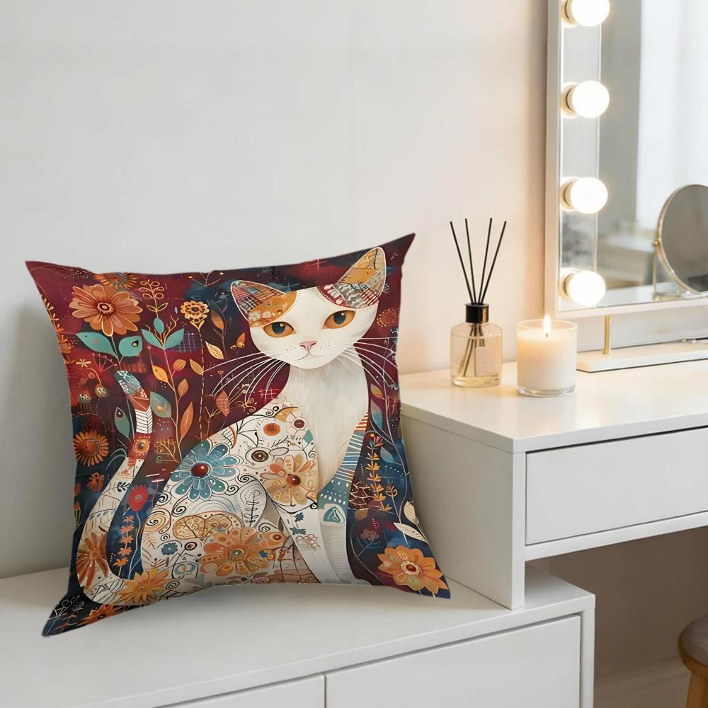 1Pc Bohemian Multicolor Floral Cat Print Square Cushion Cover Soft Breathable Sofa Bedroom Home Decor x-2