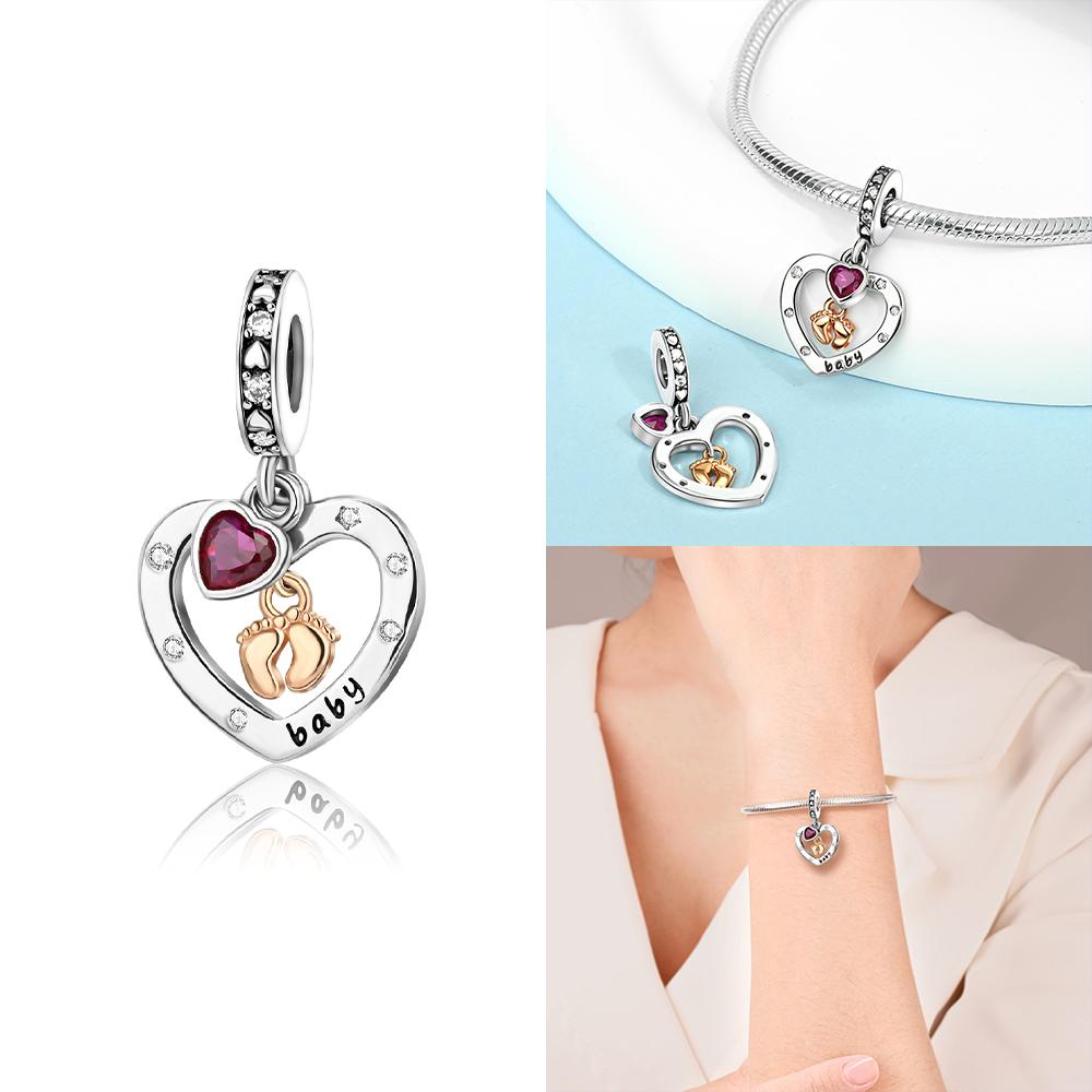 Exquisite Pendants Woman New Original Copper Pink Cherry Heart Star Footprint Charms Beads Fit Bracelet Jewelry Diy Gifts
