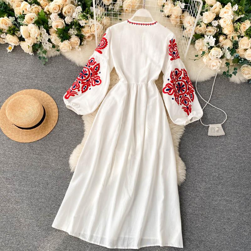 Fashion Retro Floral Print Midi Dress Women Elegant National Style Loose Vintage Party One Piece Dress Female Design