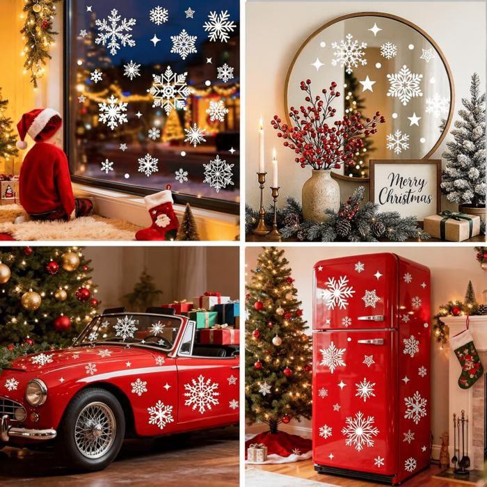 Autocollant Sticker Noel -9 plaques flocons de neige étoile pour fenêtre vitre miroir frigo électrostatique réutilisable Phonillico®
