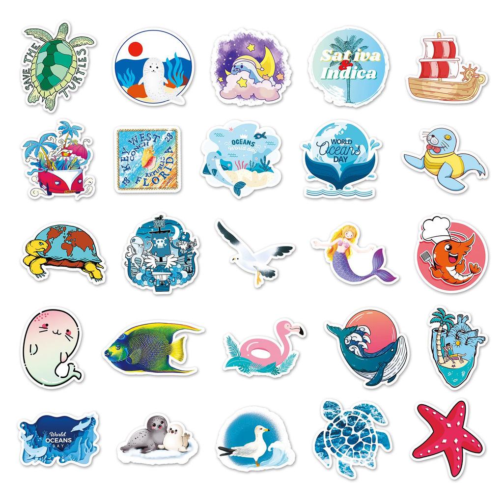 50 Cartoon Marine Life Stickers - Waterproof, Decorative for Suitcases, Notebooks, Scooters & Cars
