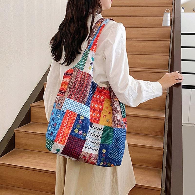 Aesthetic Canvas Toted Bag Reusable Shoulder Toted Bag for Women Casual Vacation,Shopping,Work,Gym Ethnic Style Cloth Bag