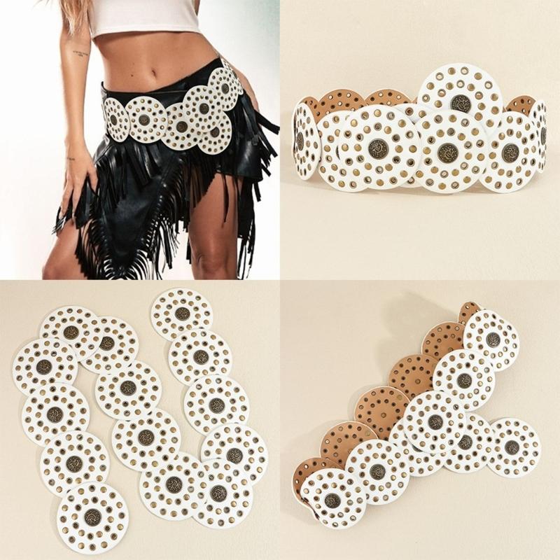 Western Adult Waist Belt with Adjustable Buckle Unique Metal Rivets Waistband PU Waist Belt for Rock Fan Wear Resistant