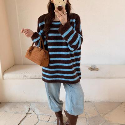 Rundhals kontrastfarbiger gestreifter Pullover Herbst und Winter lässig faul weich wachsartig locker Übergröße Pullover Strickpullover Damen