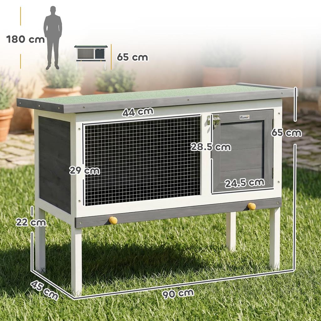 Outdoor Rabbit Hutch in Pine Wood with Removable Tray, Opening Roof and Lockable Door, Grey