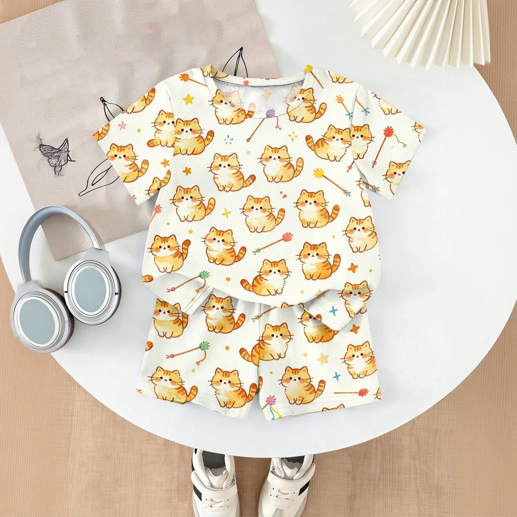 Kids Casual Short Sleeve Shirt and Shorts Set Animal Print Lightweight Summer Outfit Soft Fabric Breathable Design for Boys and Girls