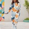 Women Plus Size White Printed Round Neck Long Sleeve Top And Fitted Pants Two Piece Set