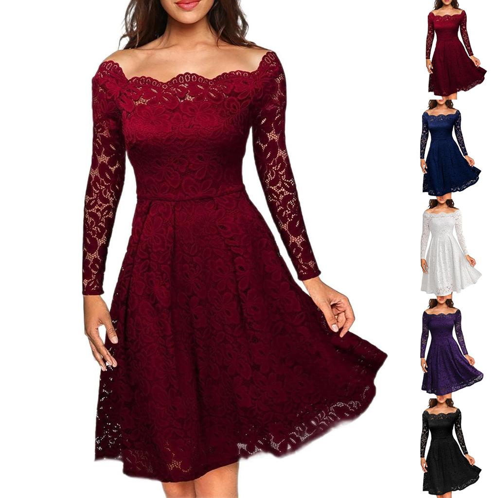 Kvinners høst off-shoulder blomstrete maxikjoler formell langermet cocktail gjestekjole til bryllup