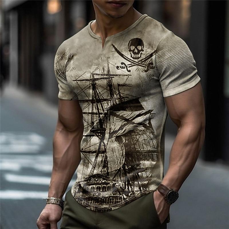 

Men s Graphic Haunted Pirate Ship Nautical Pirate Skulls Waffle T Shirt Short Sleeve T shirt 3D Print V Neck 3XL