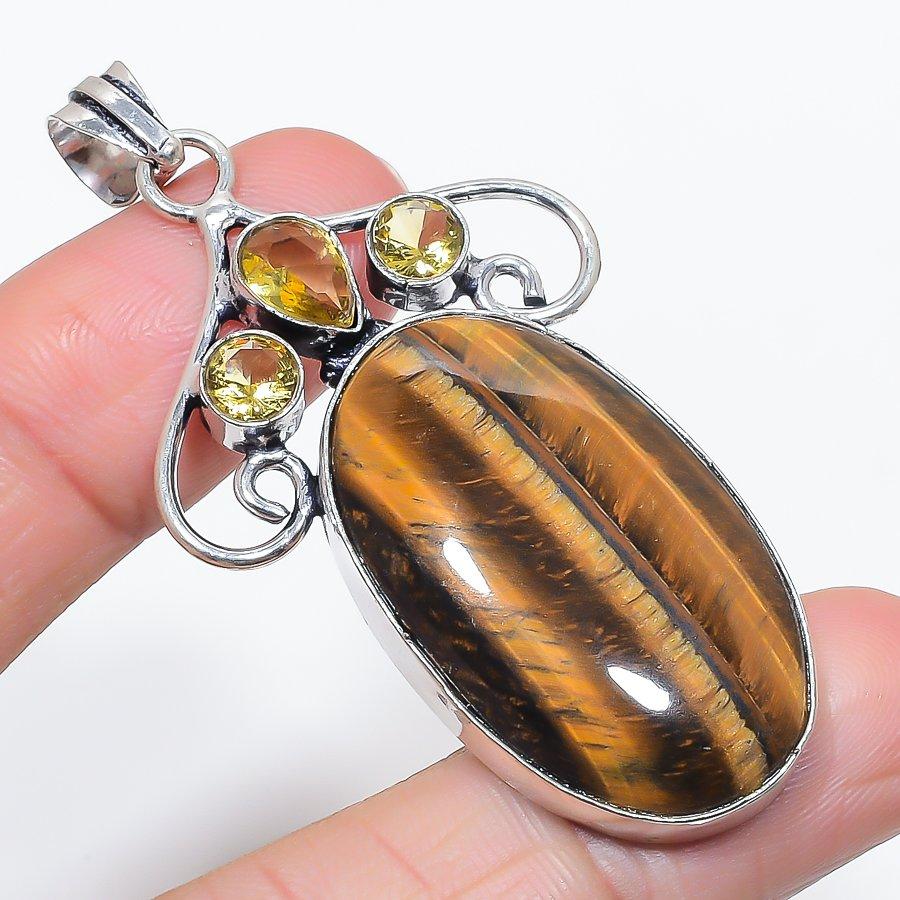 

Natural Tiger Eye, Citrine 925 Sterling Silver Jewelry Pendant 2.60 u0N41