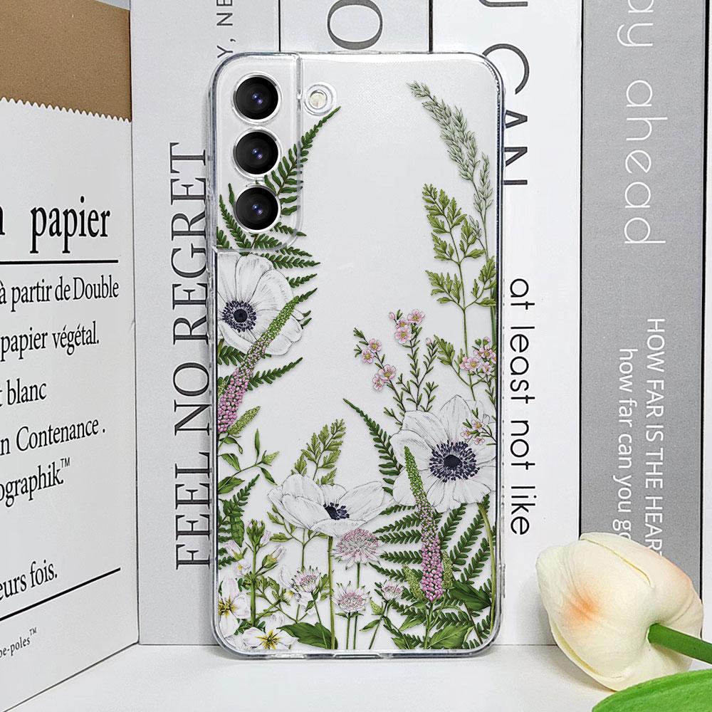 Floral Palm Leaf Flower Painted Phone Case for Samsung Galaxy S25 24 S23 S22 S21 Ultra Plus FE 5G Transparent Soft Cover Fundas