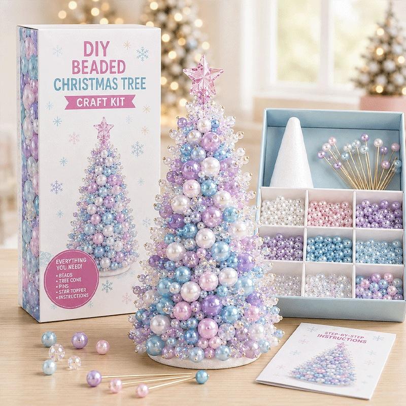 Beaded Christmas Tree DIY Kit, Colourful Plastic Bead Ornament Craft Set, Handmade Holiday Tree Making Kit for Kids Adults