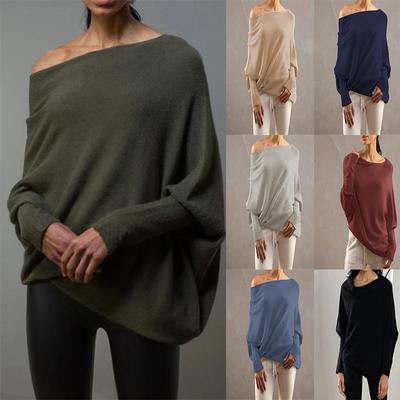 Womens  Neck Tunic Tops Fall Baggy Slouchy Pullover Sweaters One-shoulder Knitted Pullover  American Loose Versatile Bat Sleeve Knitted Sweater Top