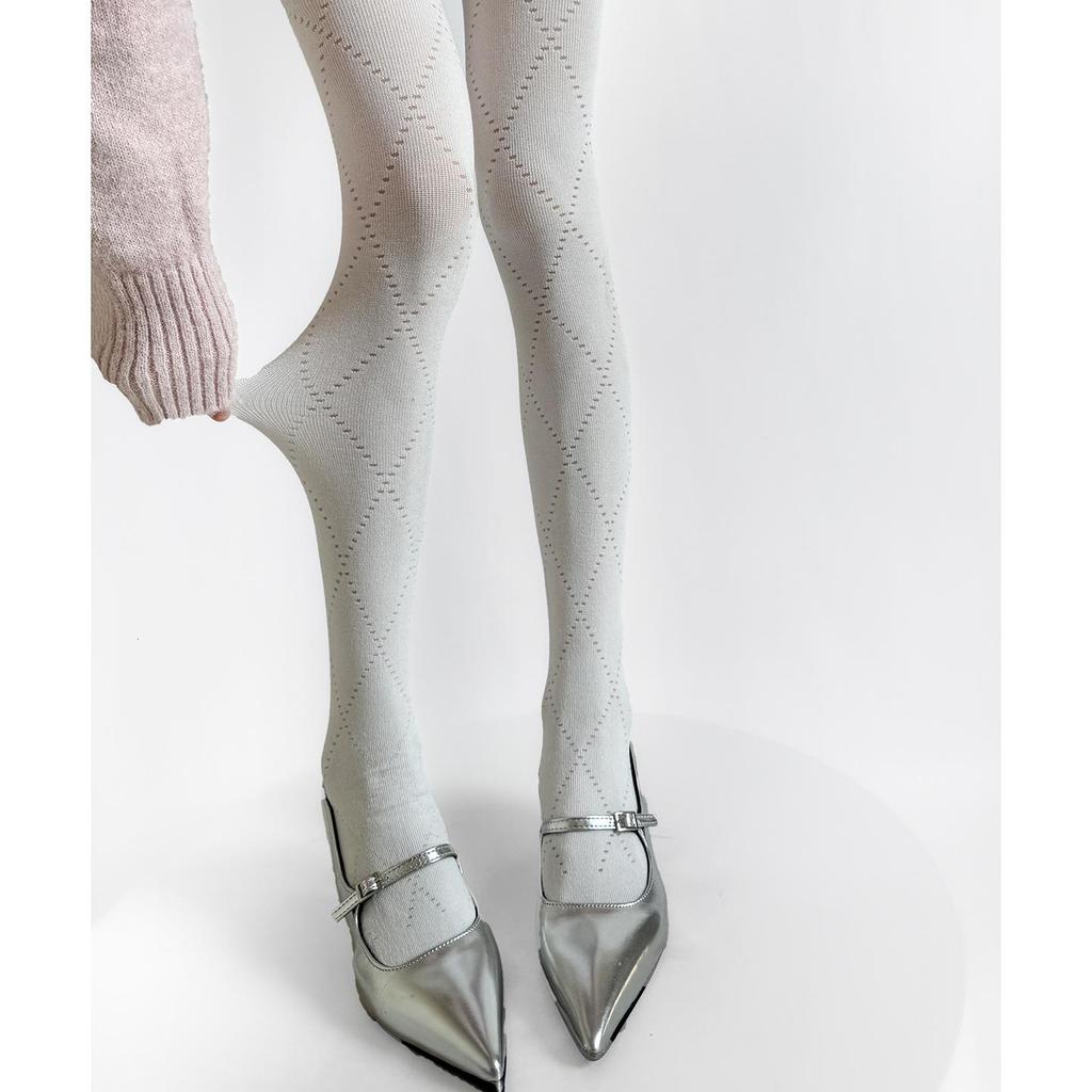 Retro Diamond Jacquard Stretch Cotton Tights for Women - Slimming Korean Style Hollow Out Pantyhose for Autumn and Winter