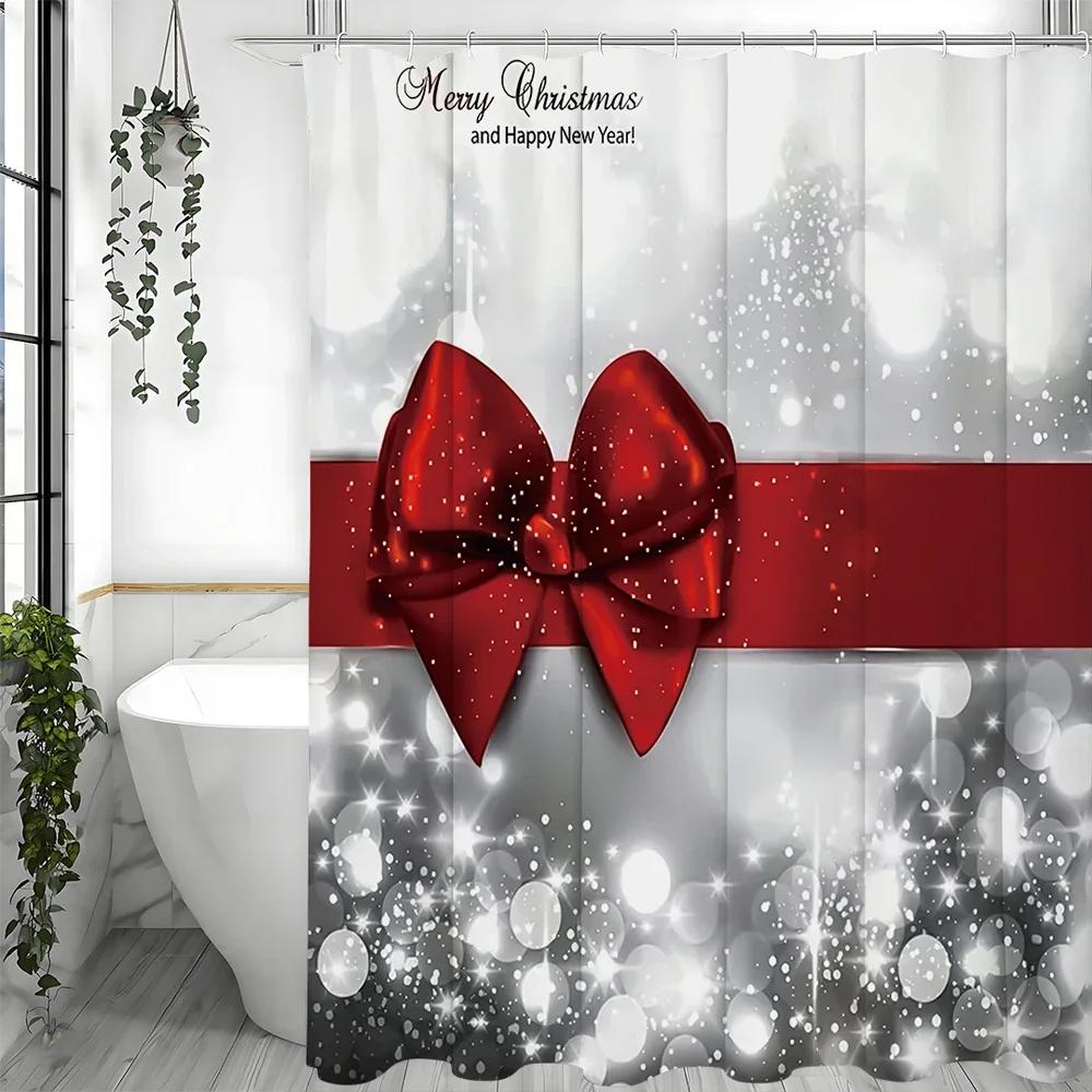 

Christmas with Glitter Snowflake Design Red Bow Shower Curtain, Bathroom Decorative Shower Curtain, Waterproof Shower Curtain wi W90xH180cm