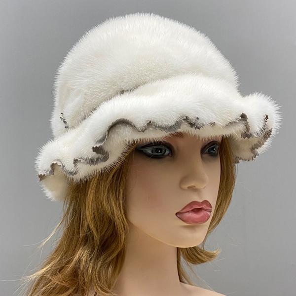 

Winter Hat Women Natural Mink Fur Luxury Bucket Hats Female Lace Brim Cap Elegant Fedoras One Size білий