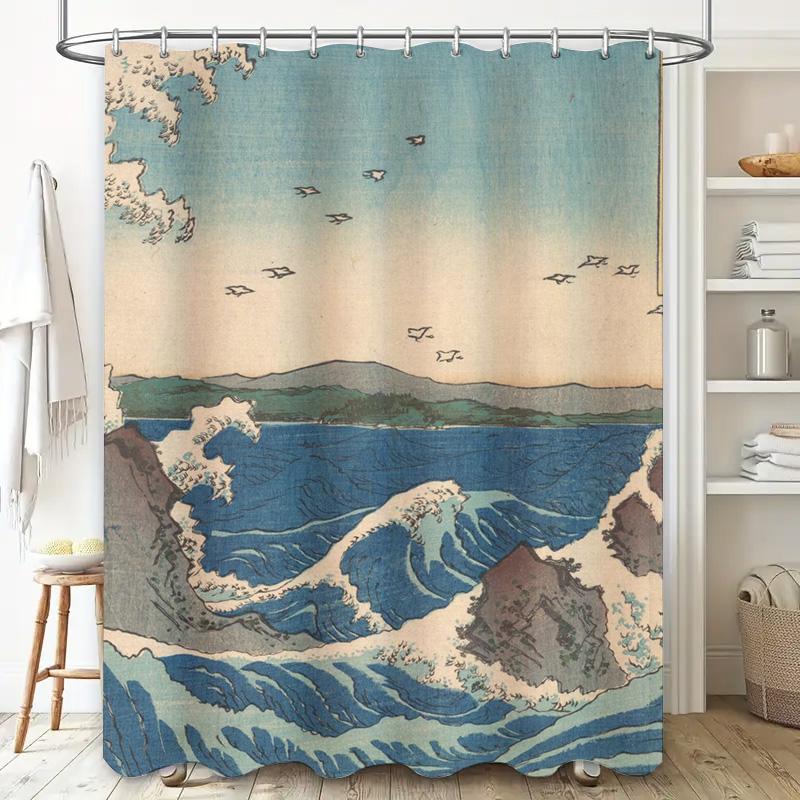 Ocean Wave Shower Curtain – Japanese Art Print Decor For Bathrooms Soft Fabric Material Waterproof Bathroom Accessories Blue Wat