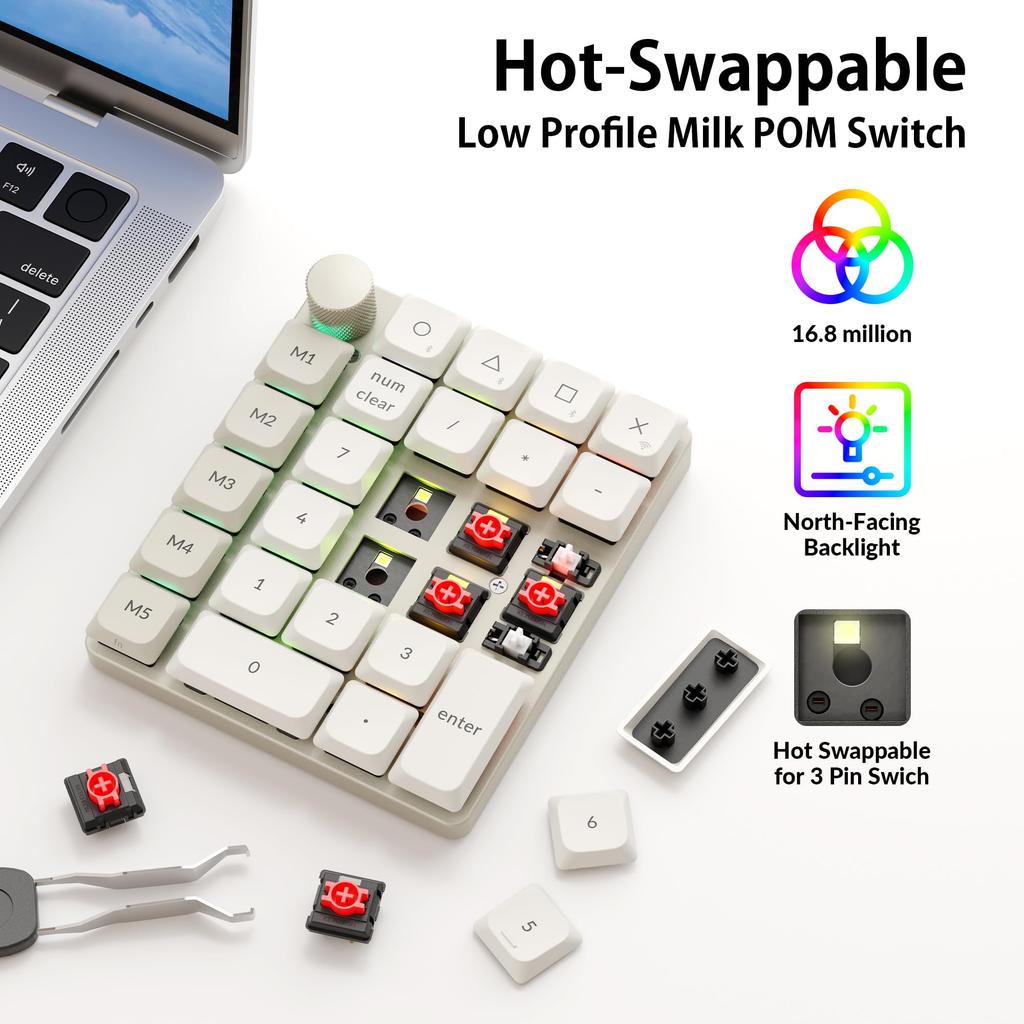K0 Max QMK Compatible Wireless Custom Numeric Keypad Low Profile RGB Bluetooth Polling Milk POM Switches Red Axis Retro White Keychron