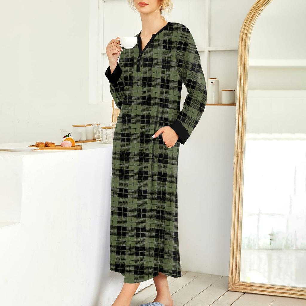 Women's Nightgown Fashion Printed Long Housecoat V Neck Pajamas With Pockets Dress