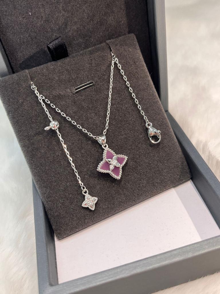 Light Luxury Powder Shell Purple Chalcedony Laser Four-Leaf Clover Five-Flower Bracelet Retro Court Style Sweet Temperament Necklace