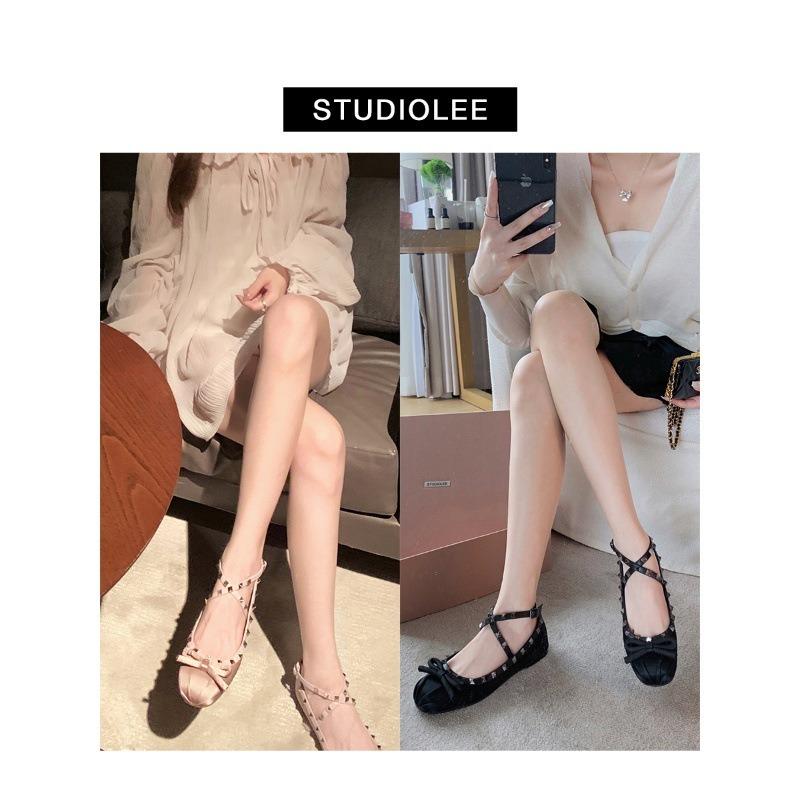 Sheepskin version cross strap Mary Jane shoes women's bow rivet round head flat ballet style single shoes